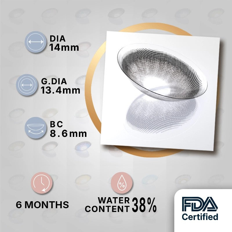MIIEMO Soft Gray Black product specifications infographic showing DIA 14mm, GDIA 13.4mm, BC 8.6mm, 6 months wear, 38 percent water content, FDA certified