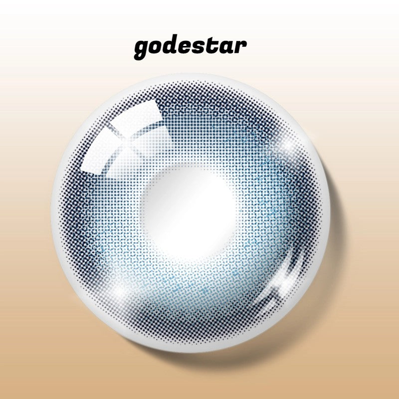 Detailed digital rendering of MIIEMO Ocean Mist Blue contact lens with godestar logo showing intricate iris pattern
