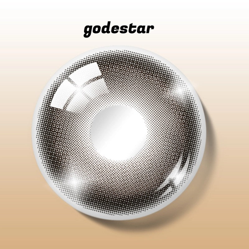 Detailed digital rendering of MIIEMO Halo Brown contact lens with godestar logo showing intricate halo brown pattern