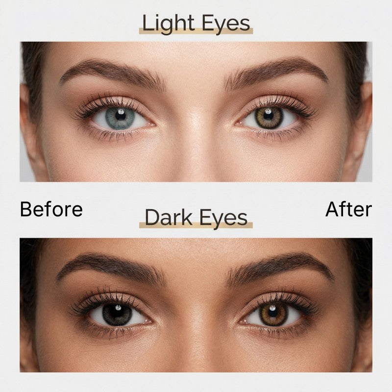 Before and after comparison of MIIEMO Classic Brown colored contacts on naturally light eyes and dark eyes