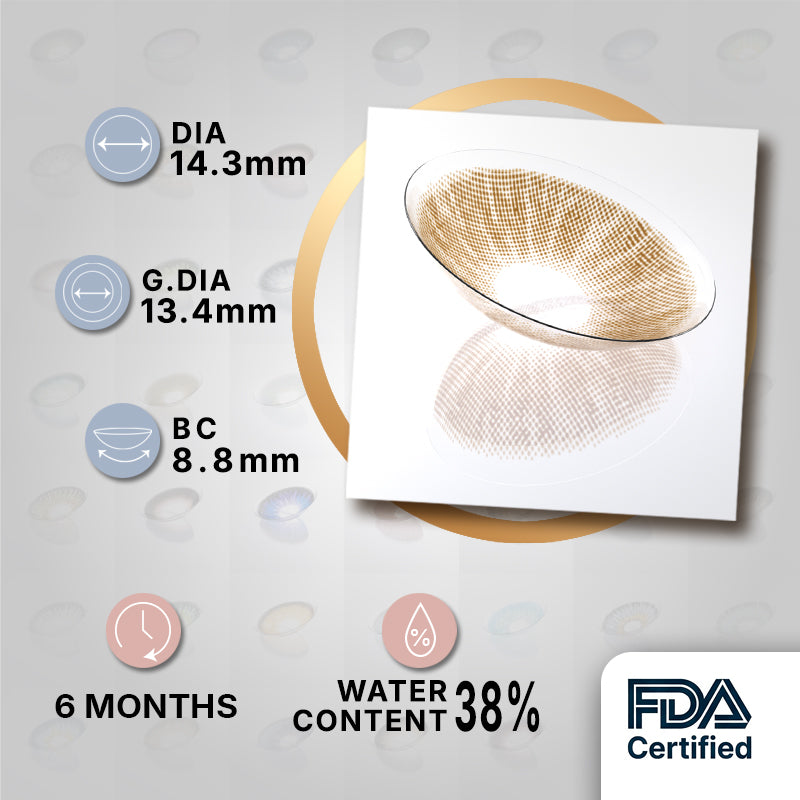 MIIEMO Cocoa Brown product specifications infographic showing DIA 14.3mm, GDIA 13.4mm, BC 8.8mm, 6 months wear, 38 percent water content, FDA certified