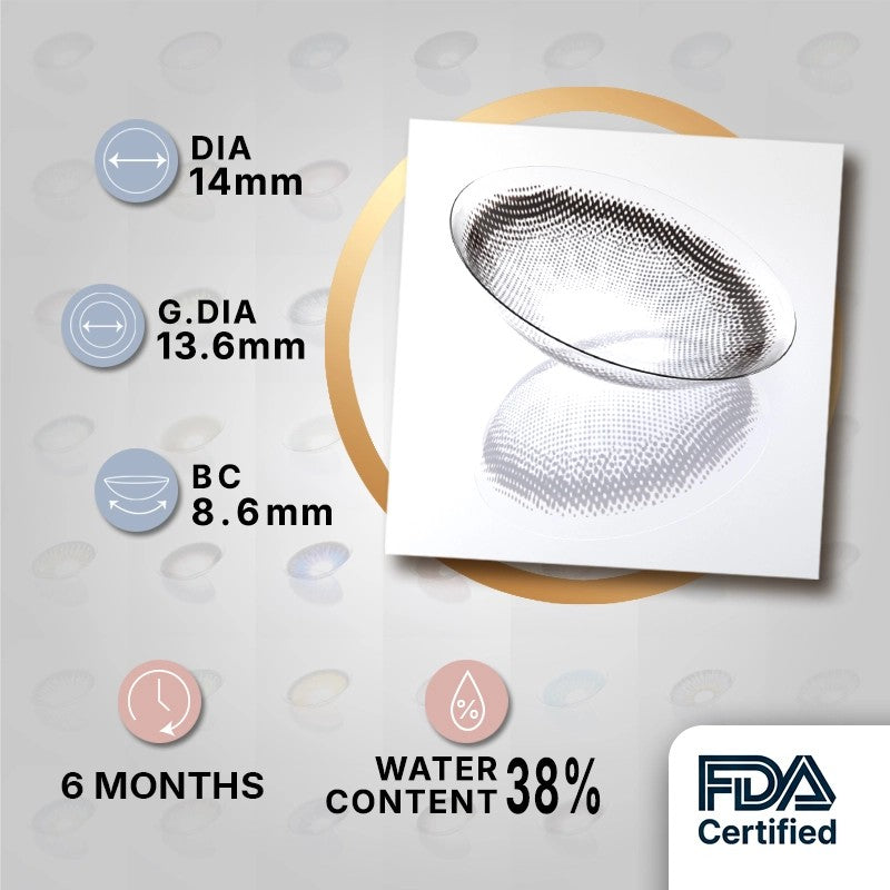 MIIEMO Smoky Ash product specifications infographic showing DIA 14mm, GDIA 13.6mm, BC 8.6mm, 6 months wear, 38 percent water content, FDA certified