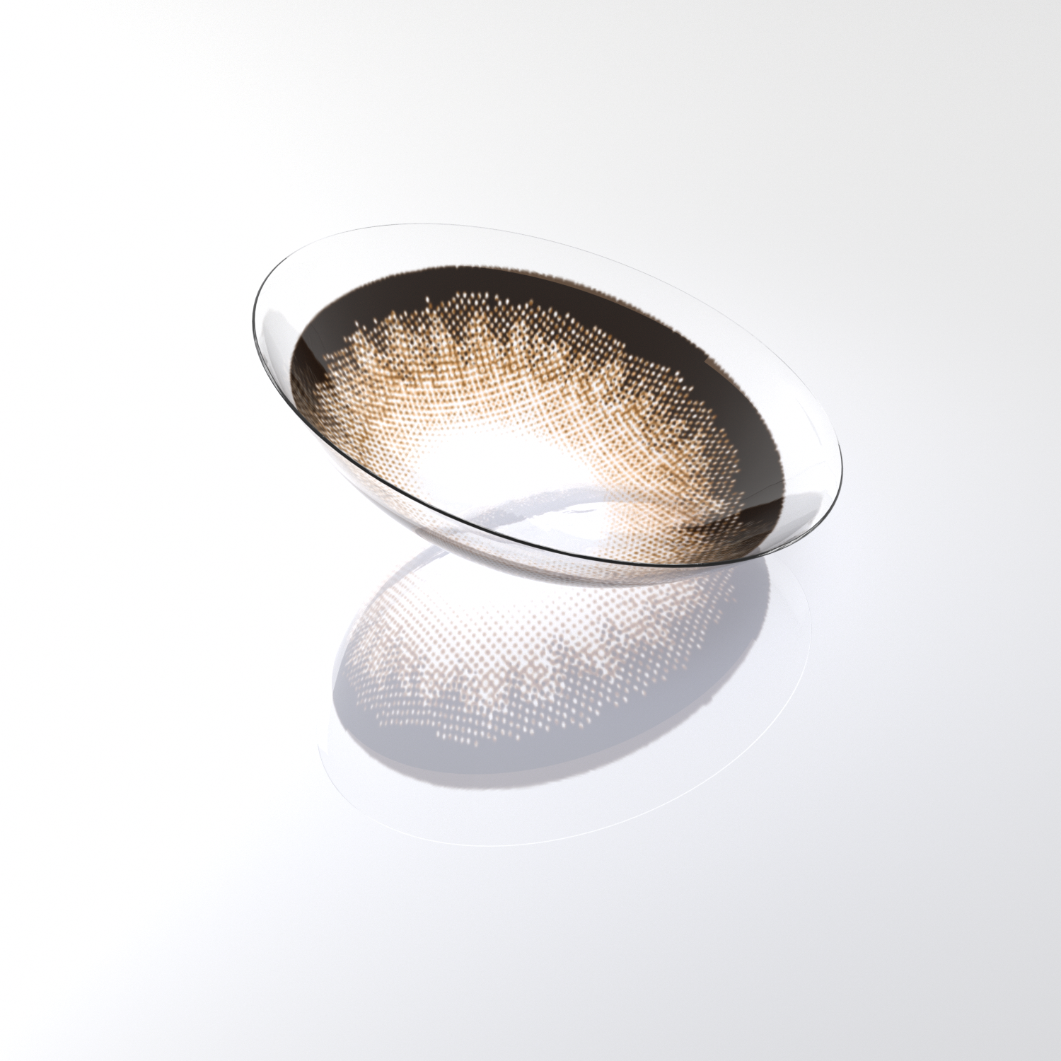 MIIEMO Toffee Brown contact lens close-up on white background showing luminous amber tones and borderless gradient