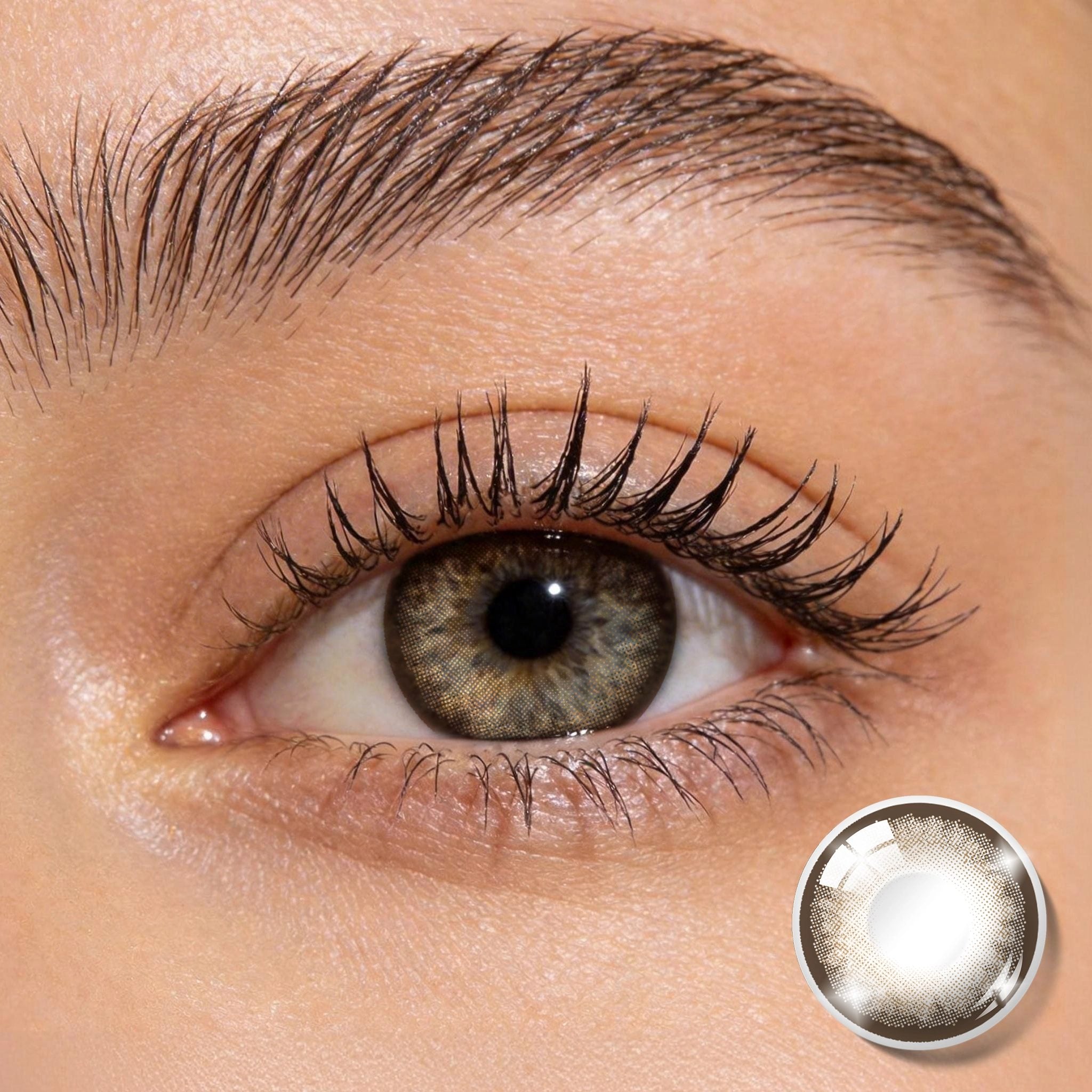 Close-up shot of an eye wearing MIIEMO Toffee Brown contact lenses showing warm sun-kissed brown contacts for dark eyes