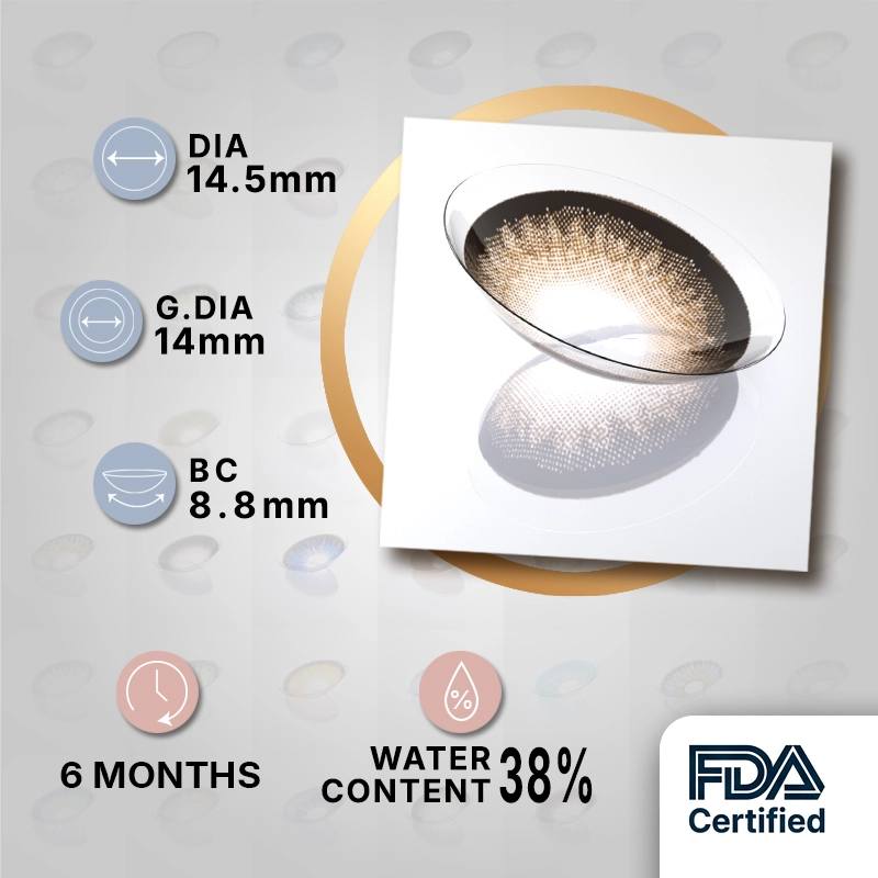 MIIEMO Toffee Brown product specifications infographic showing DIA 14.5mm, GDIA 14mm, BC 8.8mm, 6 months wear, 38 percent water content, FDA certified