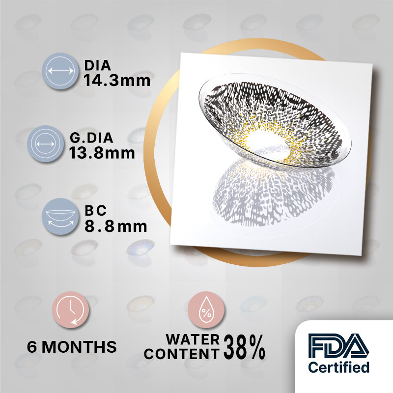 Ethereal Gray Gold Halo Contacts – Natural Shimmer Daily Wear, 6 Months Ethereal Gray Gold Halo product specifications infographic showing DIA 14.3mm, GDIA 13.8mm, BC 8.8mm, 6 months wear, 38 percent water content, FDA certified