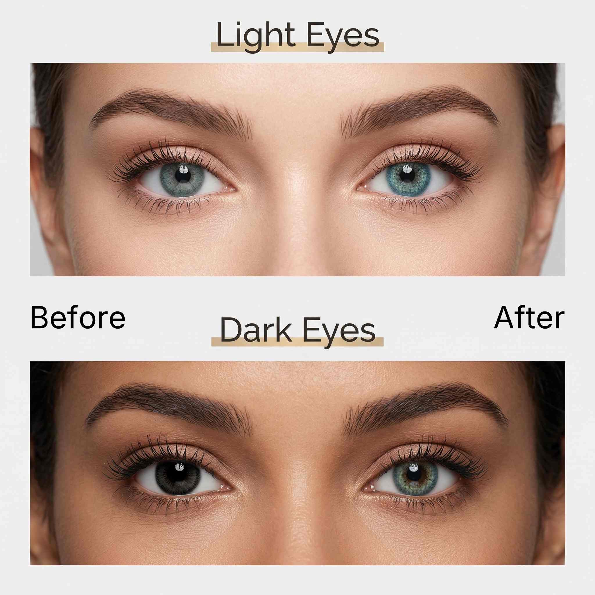 Before and after comparison of MIIEMO Sapphire Blue cosmetic contact lenses on naturally light eyes and dark eyes
