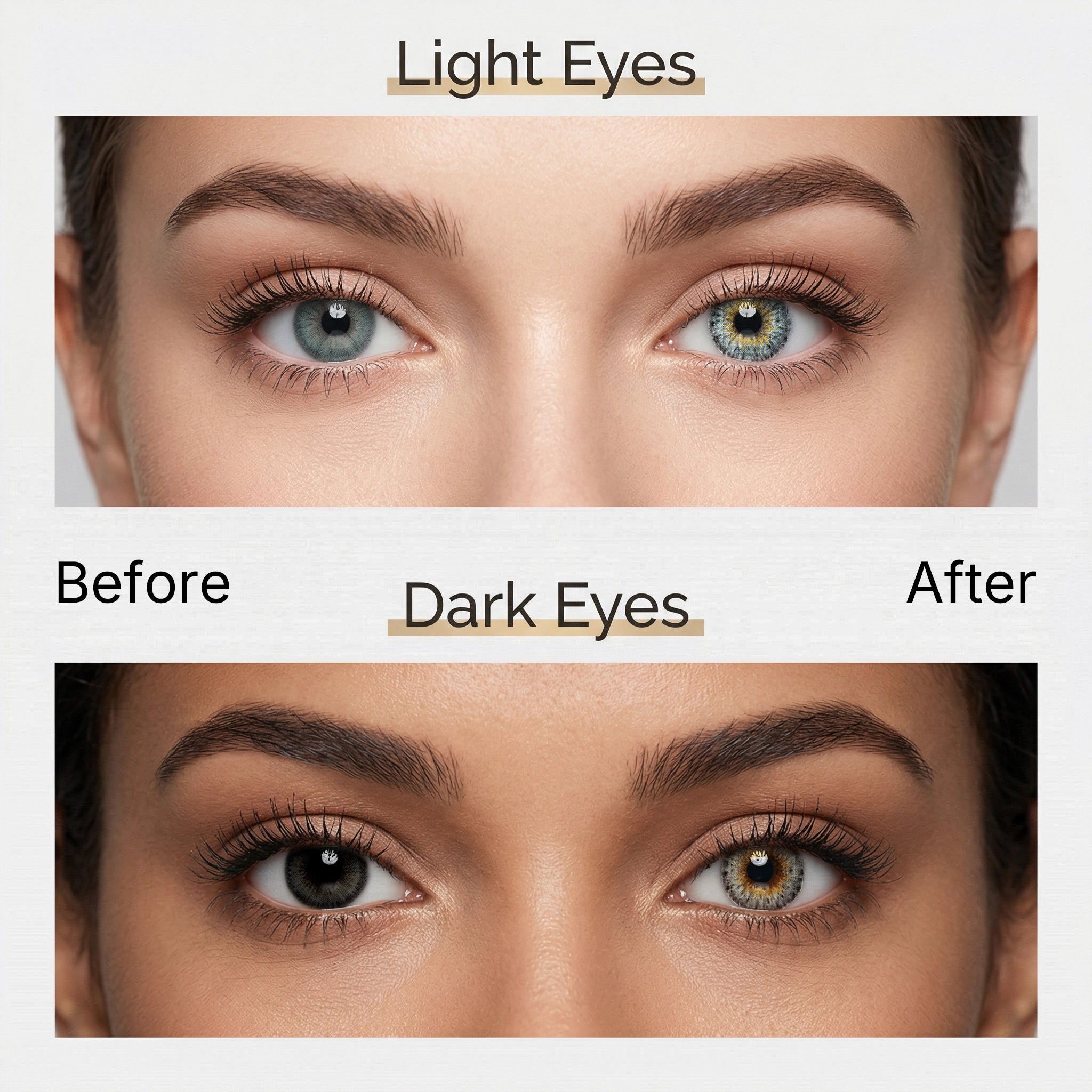 Before and after comparison of MIIEMO Amber Haze Cool Gray colored contacts on naturally light eyes and dark eyes