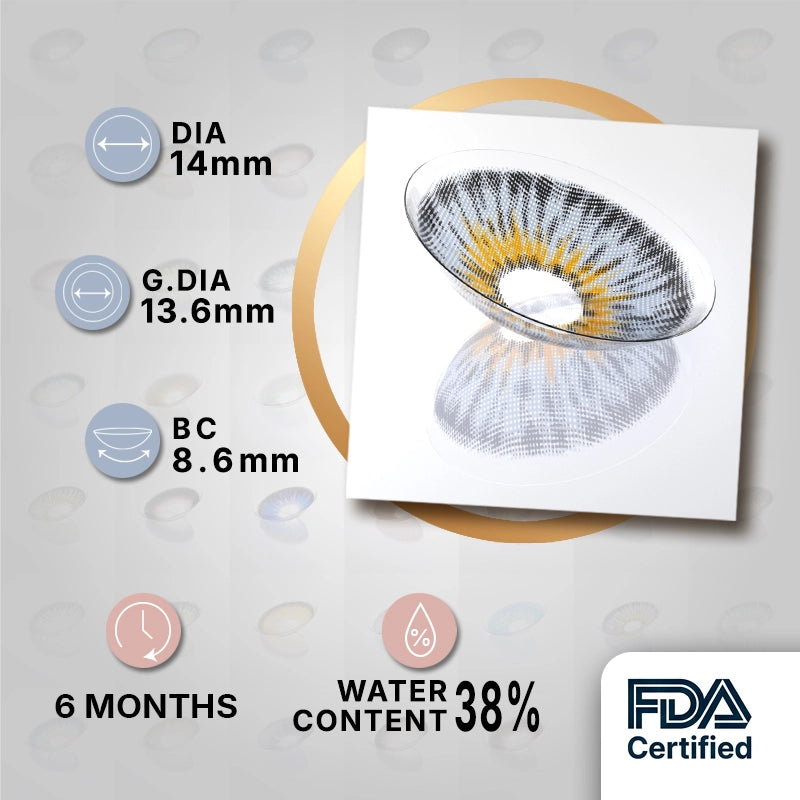 MIIEMO Halo Grey product specifications infographic showing DIA 14.0mm, GDIA 13.6mm, BC 8.6mm, 6 months wear, 38 percent water content, FDA certified