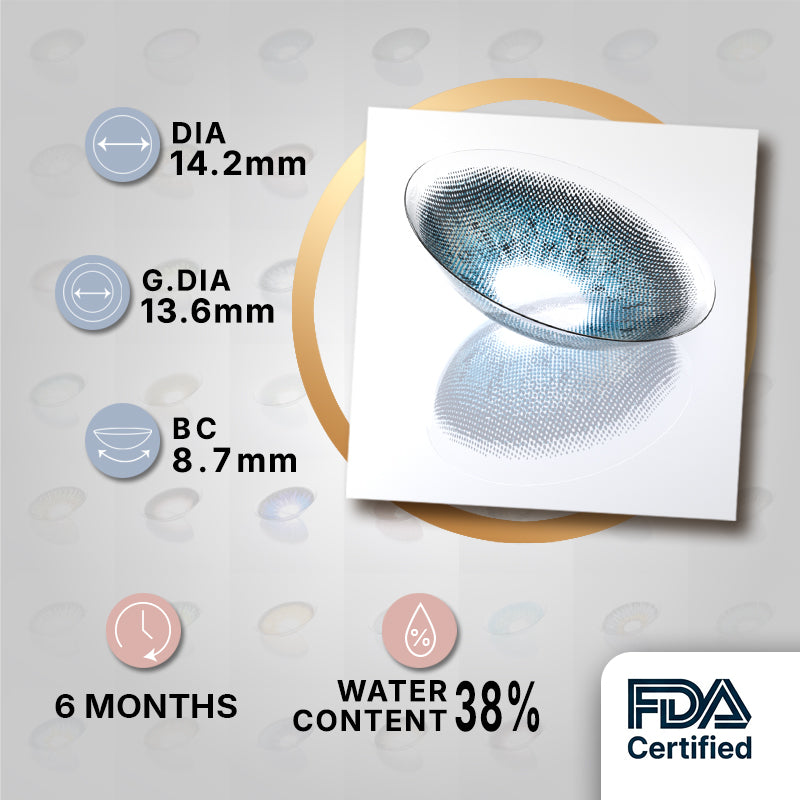 Icy Blue Plaid Colored Contacts | Natural Daily Wear, 6 Months Icy Blue Plaid product specifications infographic showing DIA 14.2mm, GDIA 13.6mm, BC 8.7mm, 6 months wear, 38 percent water content, FDA certified