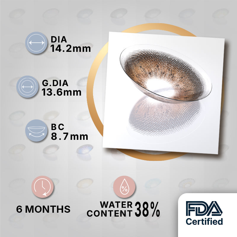 Warm Hazel Plaid Colored Contacts | Cozy Natural Glow, 6 Months Warm Hazel Plaid product specifications infographic showing DIA 14.2mm, GDIA 13.6mm, BC 8.7mm, 6 months wear, 38 percent water content, FDA certified