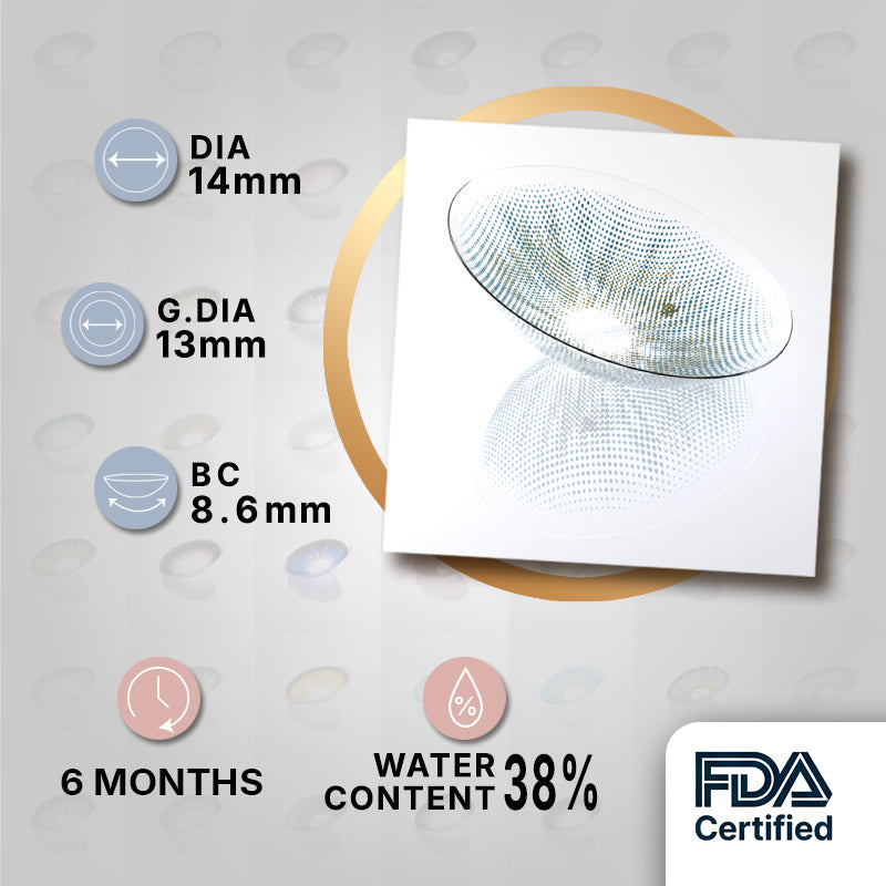 MIIEMO Icy Blue Gold Grid product specifications infographic showing DIA 14.0mm, GDIA 13.0mm, BC 8.6mm, 6 months wear, 38 percent water content, FDA certified