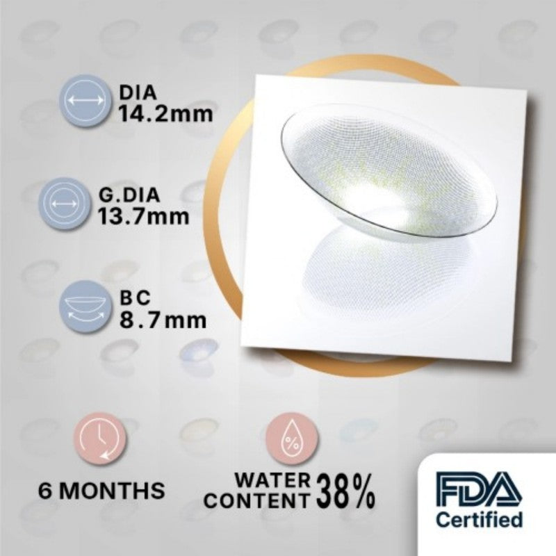 MIIEMO Natural Grey product specifications infographic showing DIA 14.2mm, GDIA 13.7mm, BC 8.7mm, 6 months wear, 38 percent water content, FDA certified