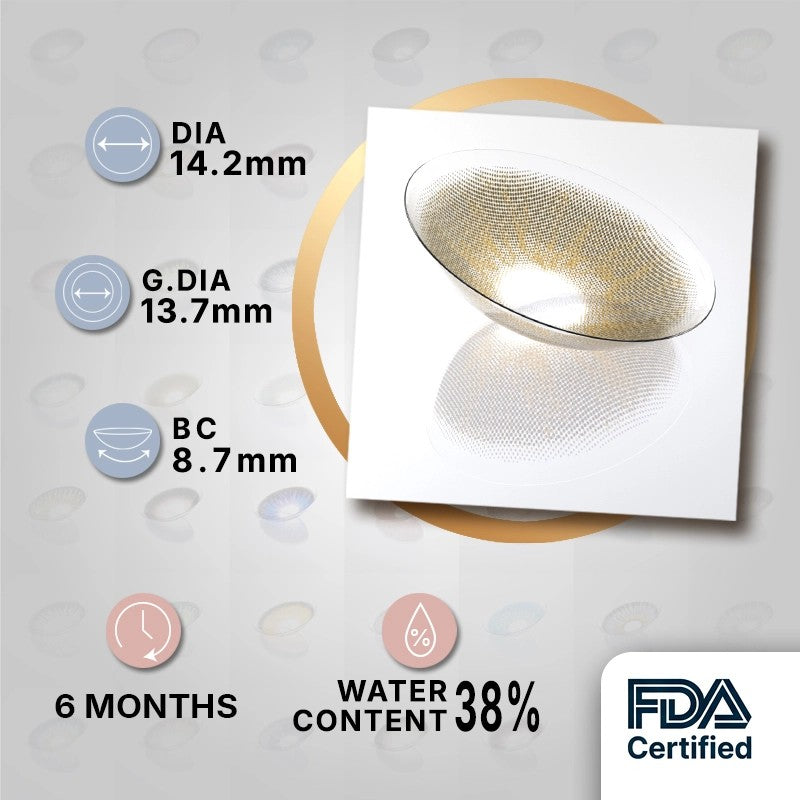 MIIEMO Natural Chocolate product specifications infographic showing DIA 14.2mm, GDIA 13.7mm, BC 8.7mm, 6 months wear, 38 percent water content, FDA certified