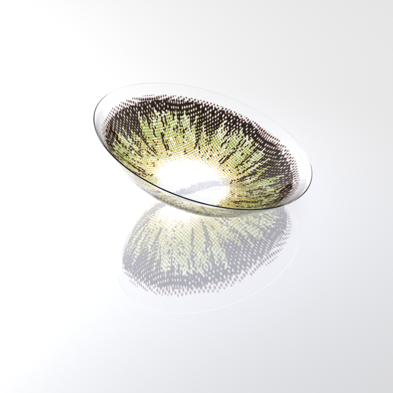 MIIEMO Olive Green Gold Feather Colored Contact Lenses | Earthy Eye Glow, 6 Months MIIEMO Olive Green Gold Feather contact lens close-up on white background showing soft feather pattern and olive green gold gradient