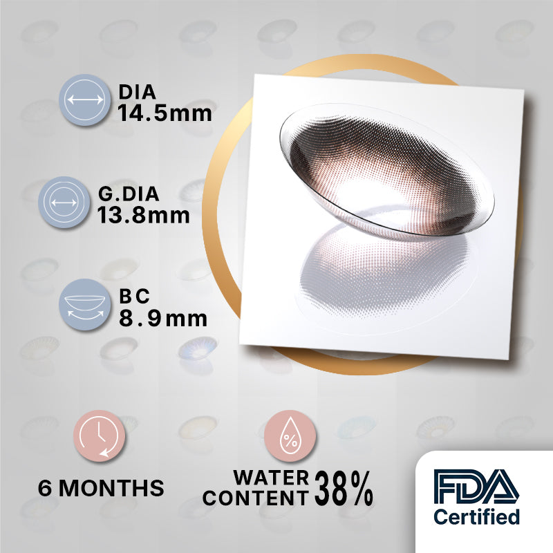 Caramel Brown Grid Pattern product specifications infographic showing DIA 14.5mm, GDIA 13.8mm, BC 8.9mm, 6 months wear, 38 percent water content, FDA certified