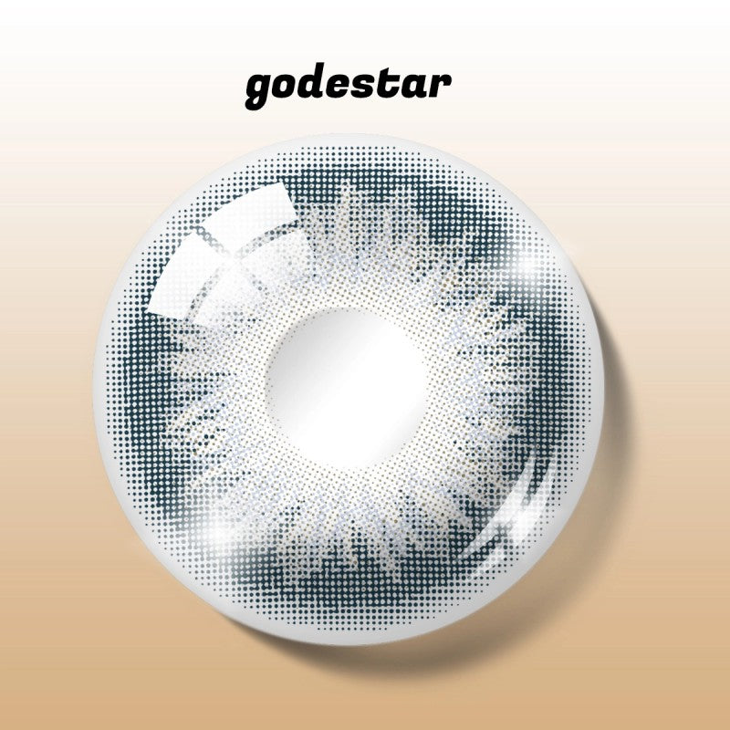 Detailed digital rendering of MIIEMO Burst Blue contact lens with godestar logo showing intricate blue rings