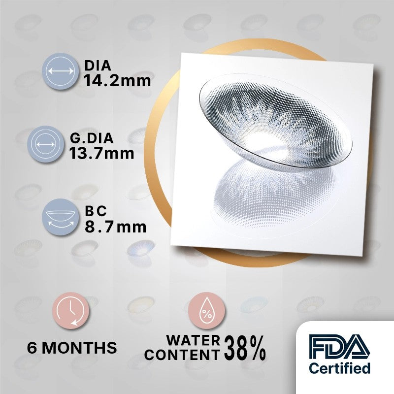 Burst Blue Contacts | Cool-Toned Blue with Natural Depth for Everyday GlamMIIEMO Burst Blue product specifications infographic showing DIA 14.2mm, GDIA 13.7mm, BC 8.7mm, 6 months wear, 38 percent water content, FDA certified