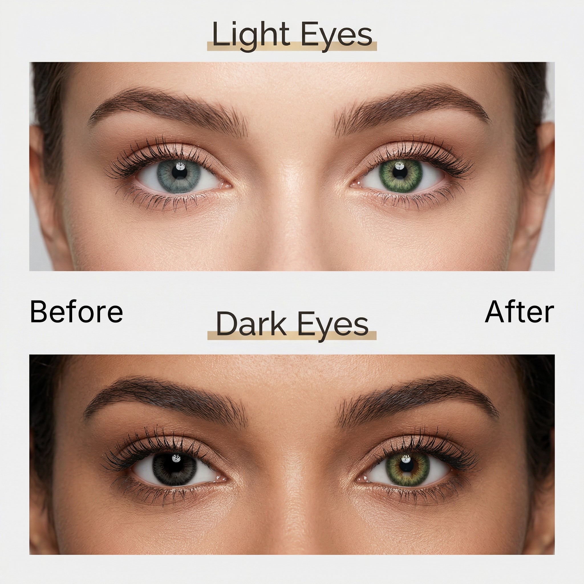 Before and after comparison of MIIEMO Mossy Hazel colored contacts on light eyes and dark eyes