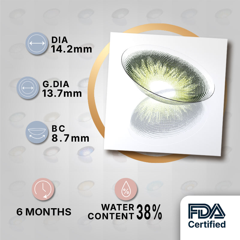 MIIEMO Mossy Hazel product specifications infographic showing DIA 14.2mm, GDIA 13.7mm, BC 8.7mm, 6 months wear, 38 percent water content, FDA certified