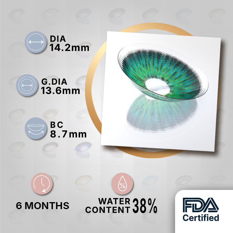 MIIEMO Teal Aura Halation product specifications infographic showing DIA 14.2mm, GDIA 13.6mm, BC 8.7mm, 6 months wear, 38 percent water content, FDA certified