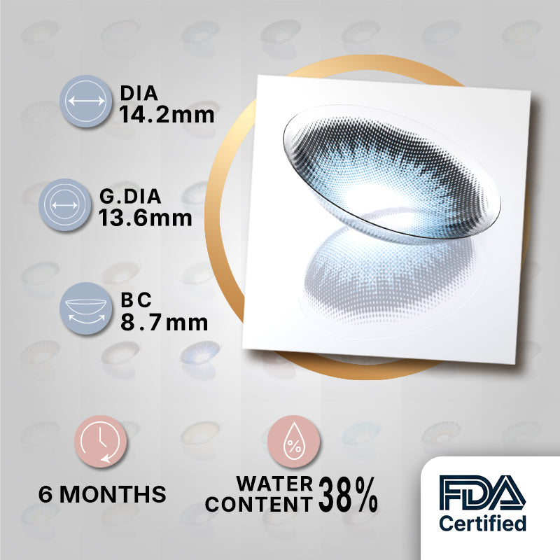 MIIEMO Mist Grey Dotted product specifications infographic showing DIA 14.2mm, GDIA 13.6mm, BC 8.7mm, 6 months wear, 38 percent water content, FDA certified