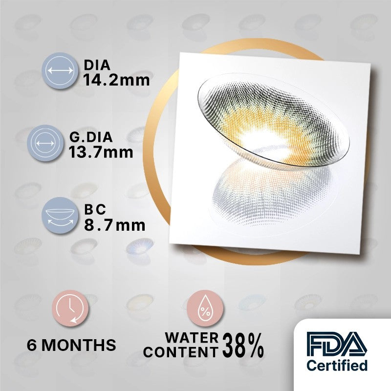 MIIEMO Smoky Quartz Halo product specifications infographic showing DIA 14.2mm, GDIA 13.7mm, BC 8.7mm, 6 months wear, 38 percent water content, FDA certified
