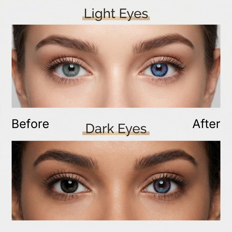 Before and after comparison of MIIEMO Nebula Violet Blue cosmetic lenses on naturally light eyes and dark eyes