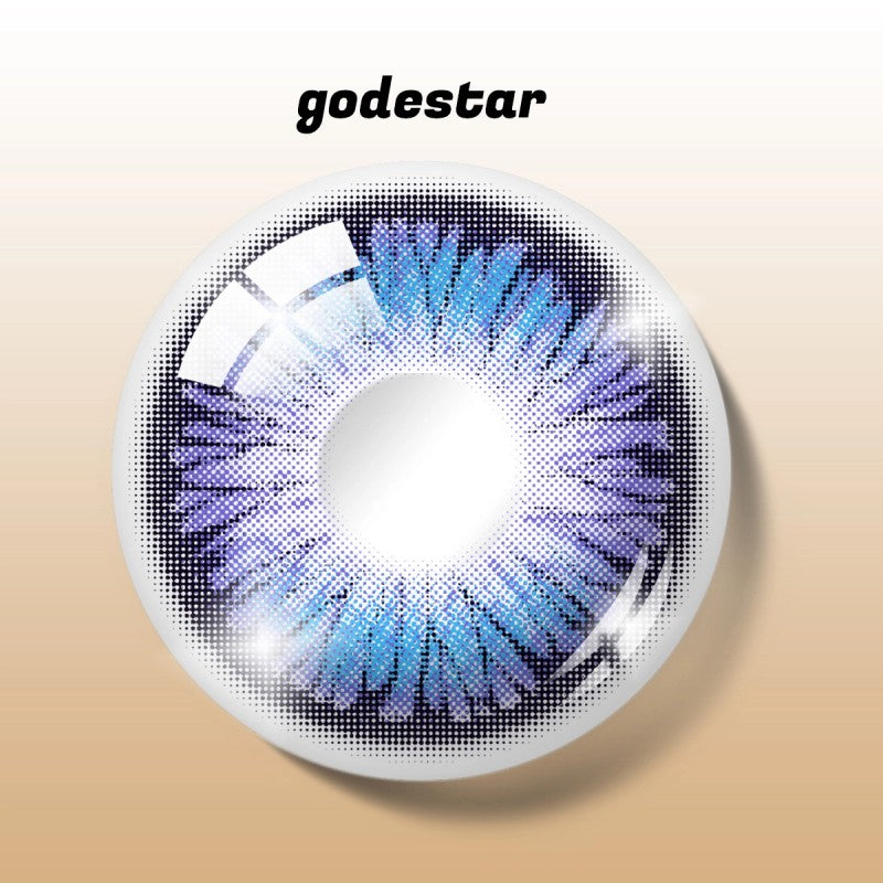 Detailed digital rendering of MIIEMO Nebula Violet Blue contact lens with godestar logo showing intricate purple blue pattern