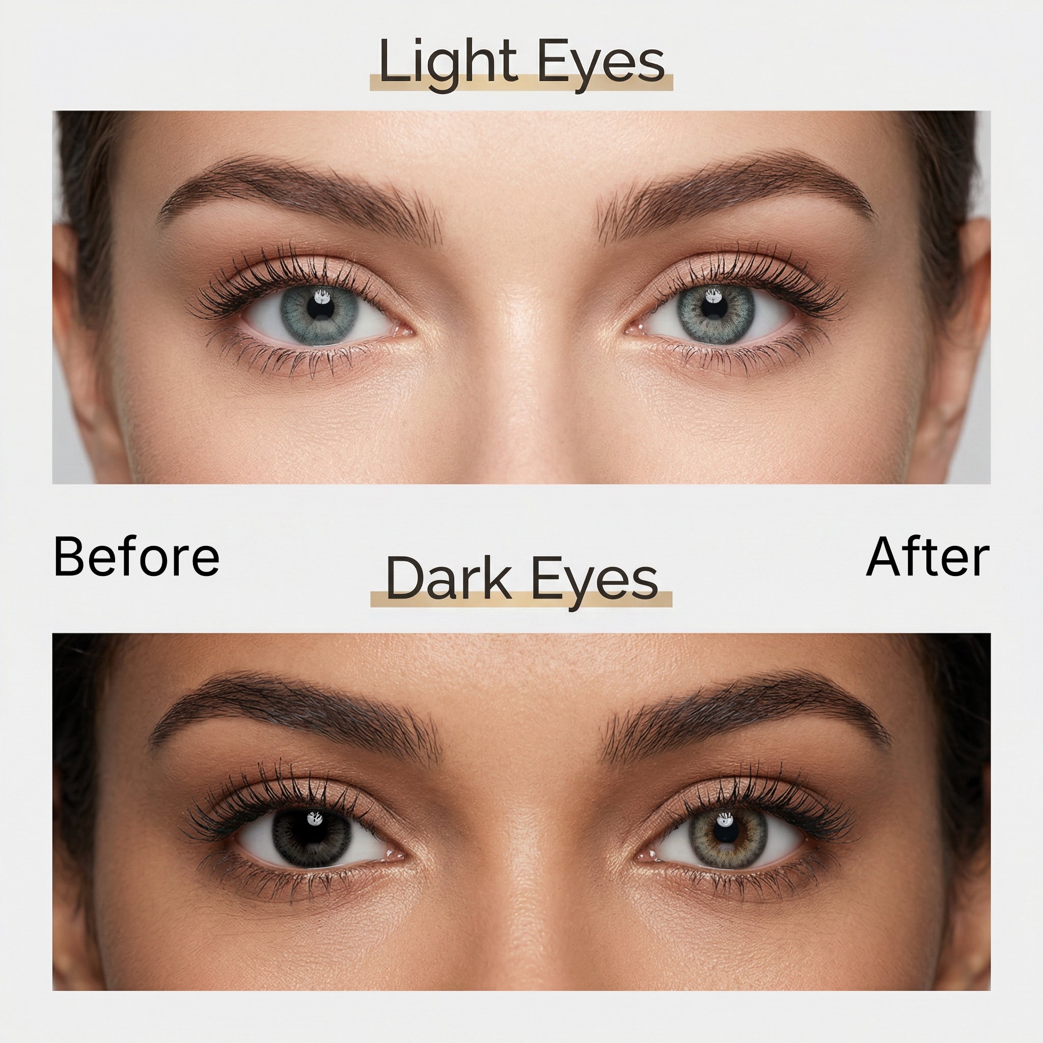 MIIEMO Halo Beige Colored Contact Lenses – Soft Natural Beige Eye Glow | 6 Months Before and after comparison of MIIEMO Halo Beige cosmetic contact lenses on naturally light eyes and dark eyes