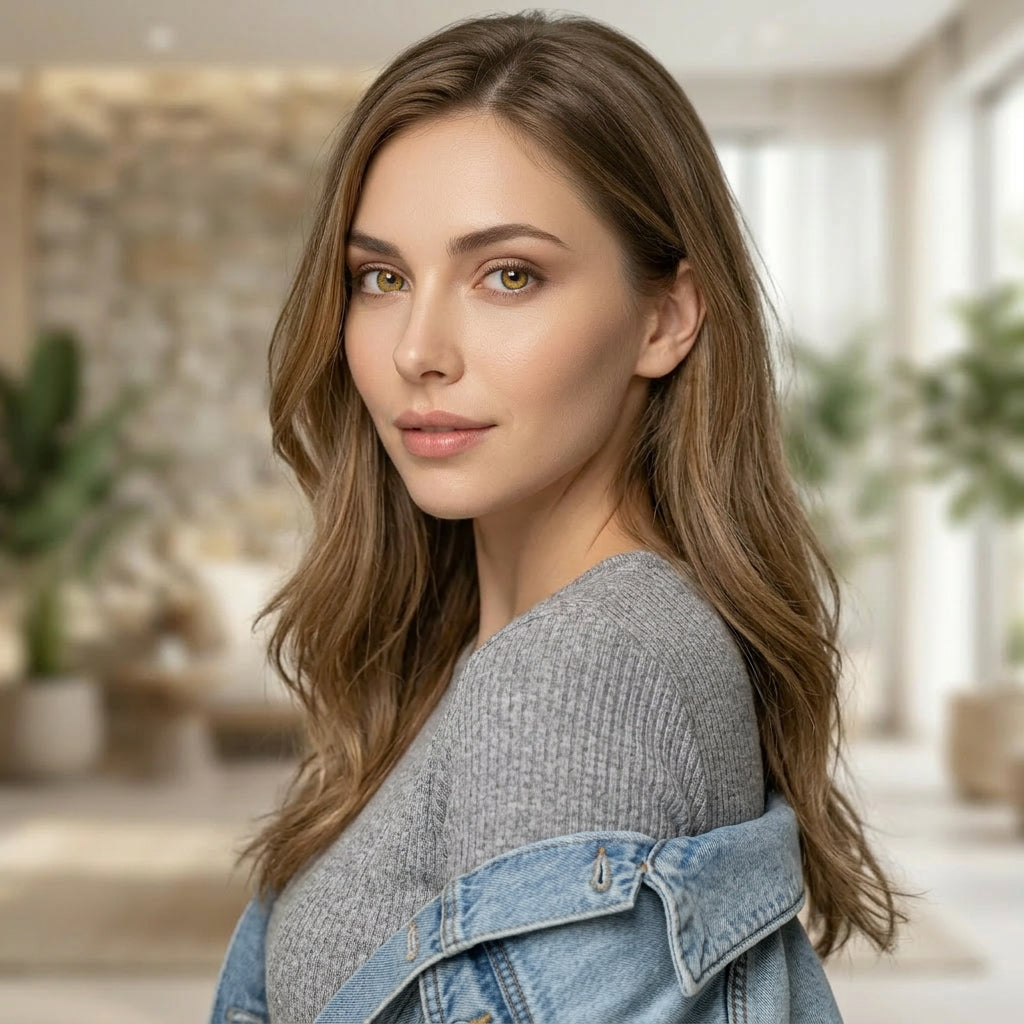 MIIEMO Halo Honey Brown Colored Contact Lenses – Natural Golden Brown Contacts for Dark Eyes | 6 Months-Godestar Stunning female model with beautiful wavy brown hair wearing MIIEMO Halo Honey Brown 6 month colored contact lenses