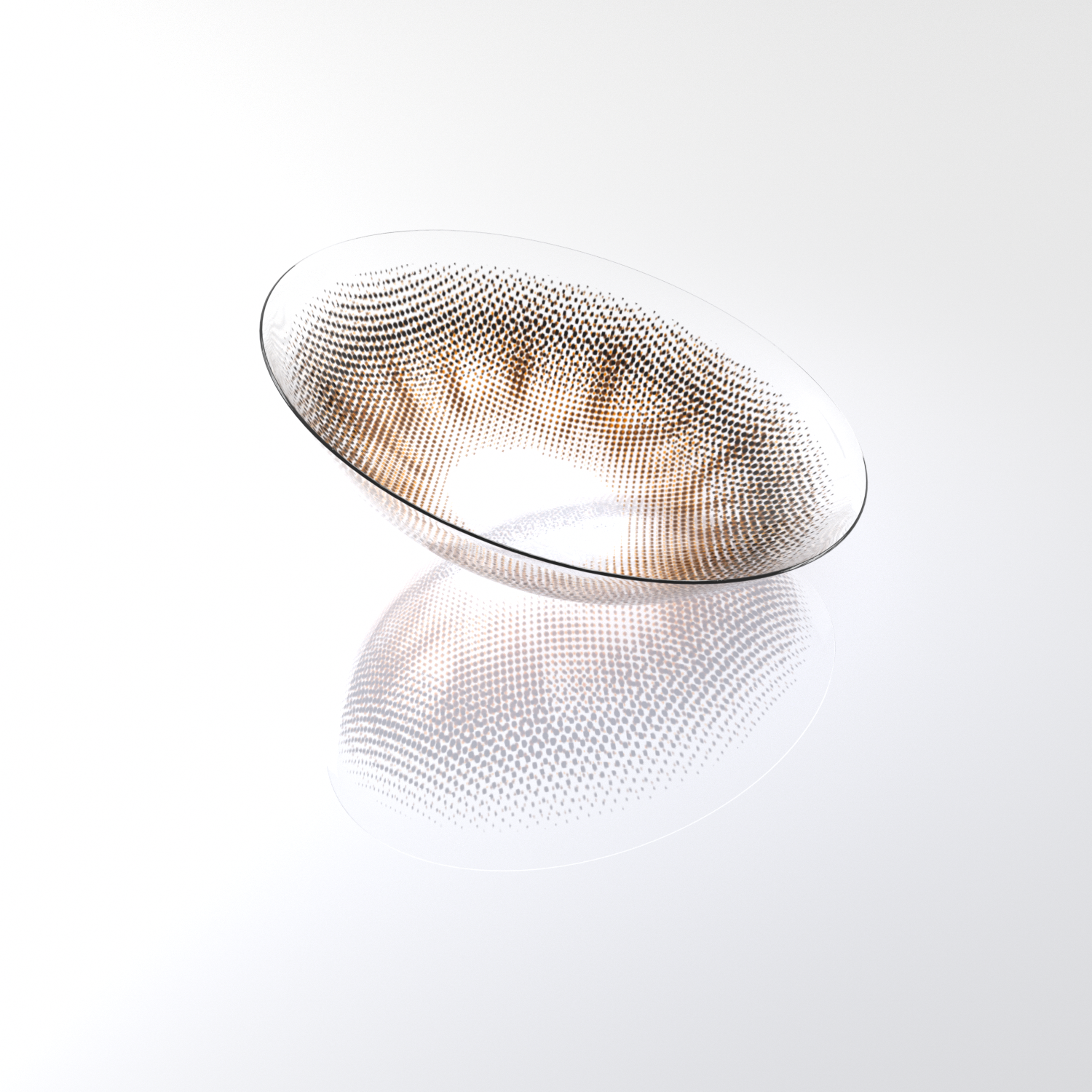 MIIEMO Latte Brown contact lens close-up on white background showing fine-dot creamy gradient and mocha brown tones