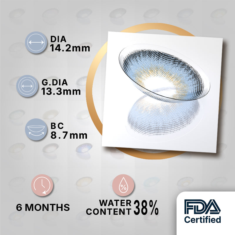 MIIEMO Deep Sea Blue Colored Contacts (6 Months)MIIEMO Deep Sea Blue product specifications infographic showing DIA 14.2mm, GDIA 13.3mm, BC 8.7mm, 6 months wear, 38 percent water content, FDA certified