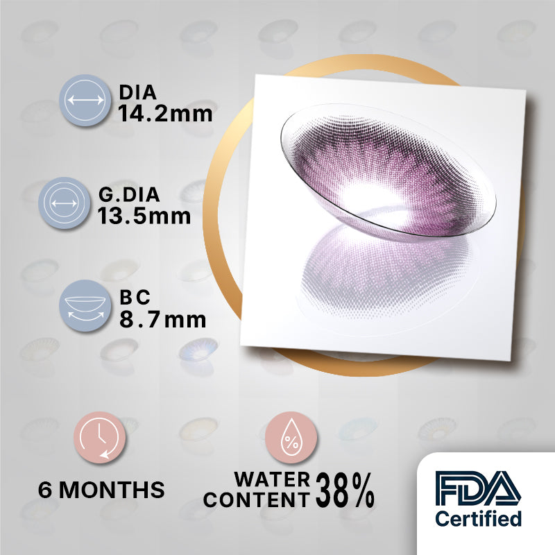 MIIEMO Lavender Violet product specifications infographic showing DIA 14.2mm, GDIA 13.5mm, BC 8.7mm, 6 months wear, 38 percent water content, FDA certified