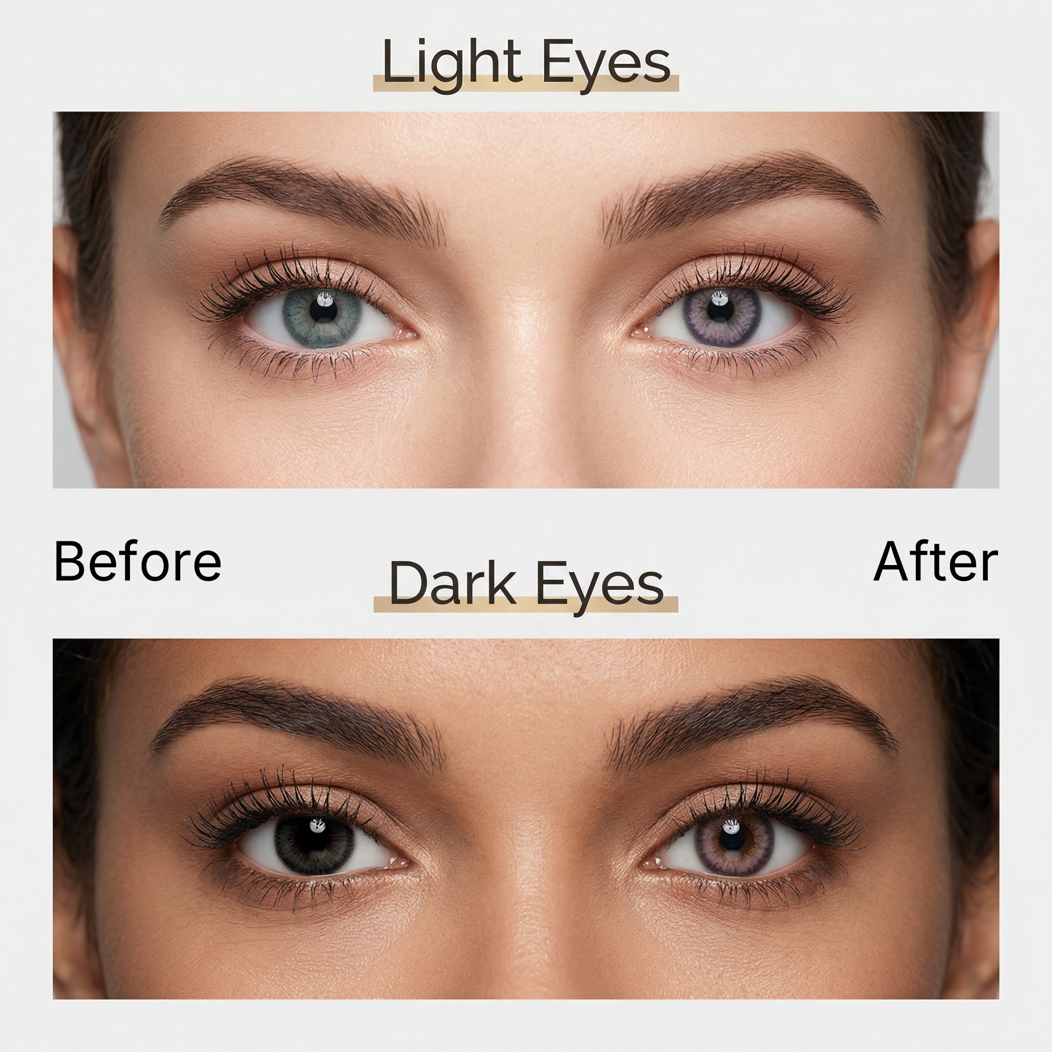 Before and after comparison of MIIEMO Lavender Violet cosmetic contact lenses on naturally light eyes and dark eyes