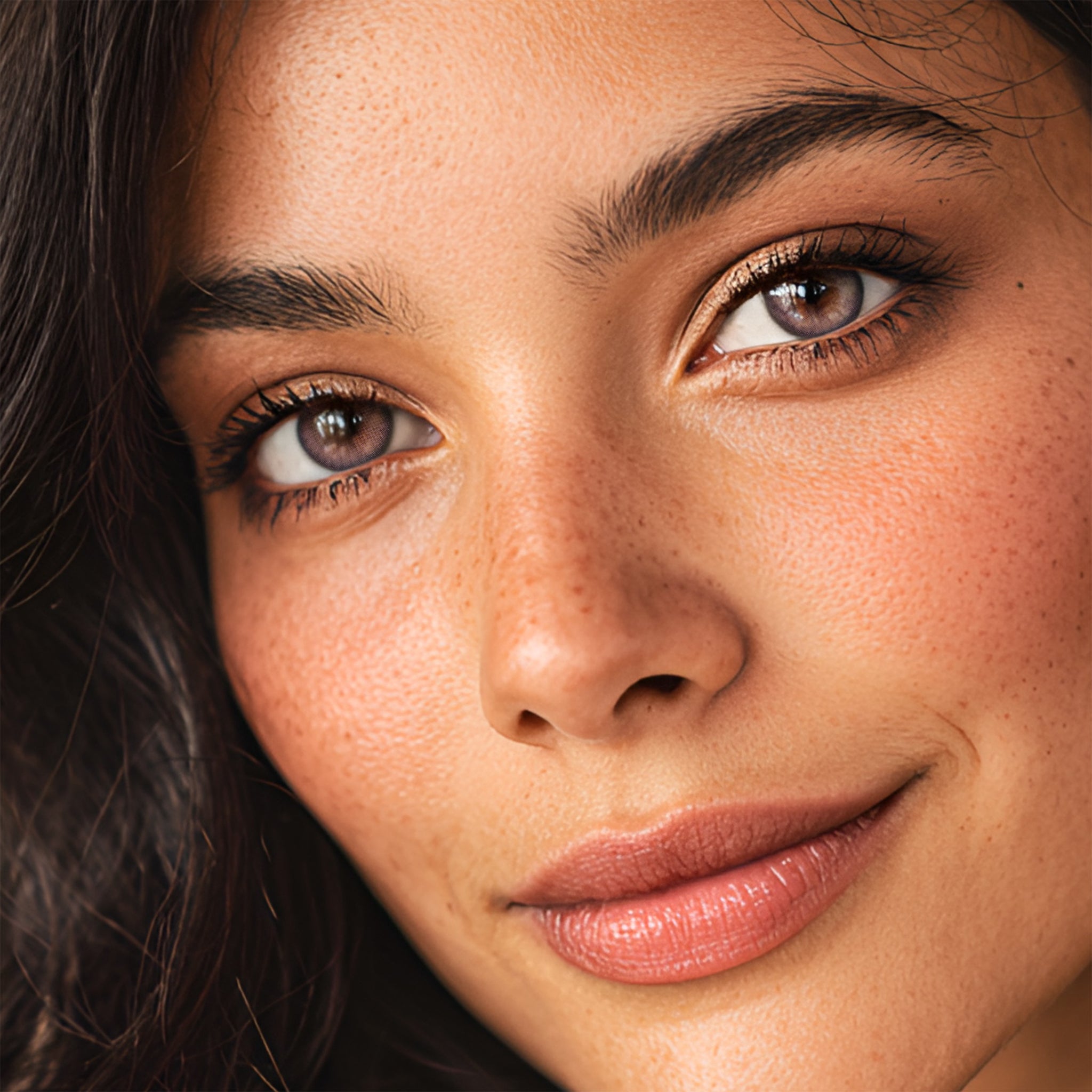 Gorgeous female model with soft aesthetic makeup wearing MIIEMO Lavender Violet 6 month wear purple contacts