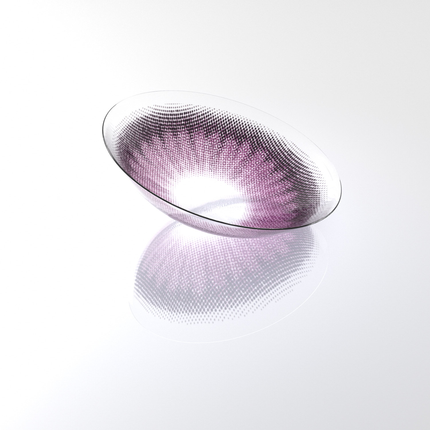 MIIEMO Lavender Violet contact lens close-up on white background showing mist-like pattern and grey pearl pigments