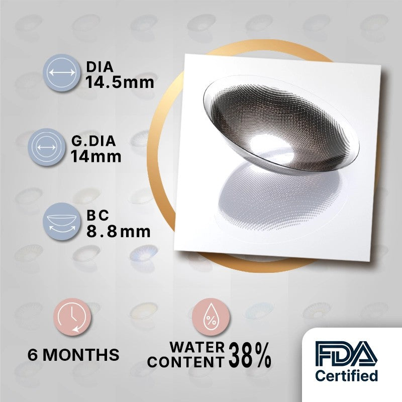 MIIEMO Halo Brown product specifications infographic showing DIA 14.5mm, GDIA 13.6mm, BC 8.8mm, 6 months wear, 38 percent water content, FDA certified