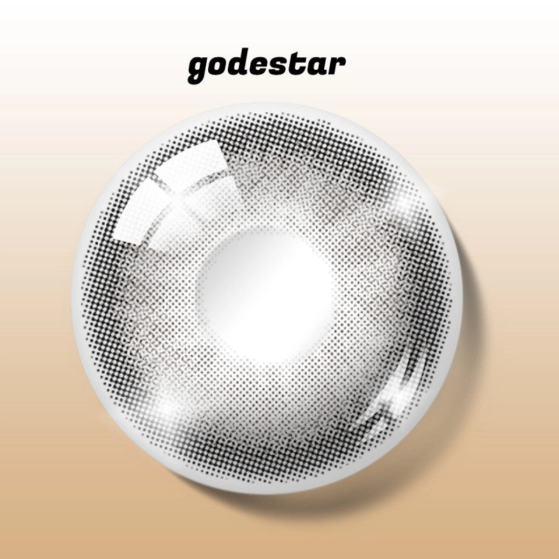 Detailed pattern view of MIIEMO Soft Gray Black contact lens with godestar logo showing smooth dotted ring