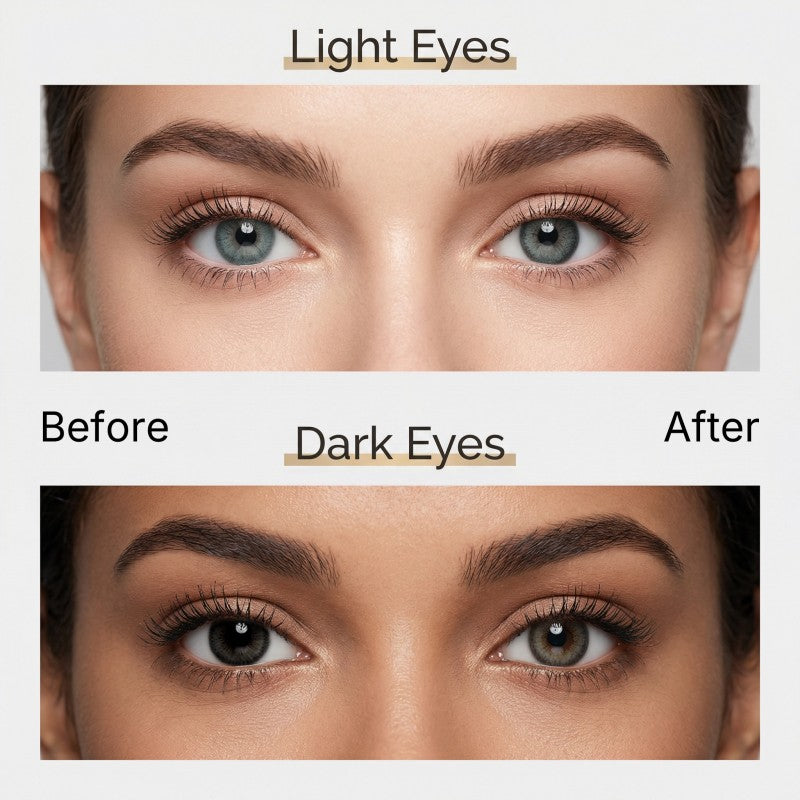 Before and after comparison of MIIEMO Cloudy Grey Hojicha cosmetic lenses on naturally light eyes and dark eyes