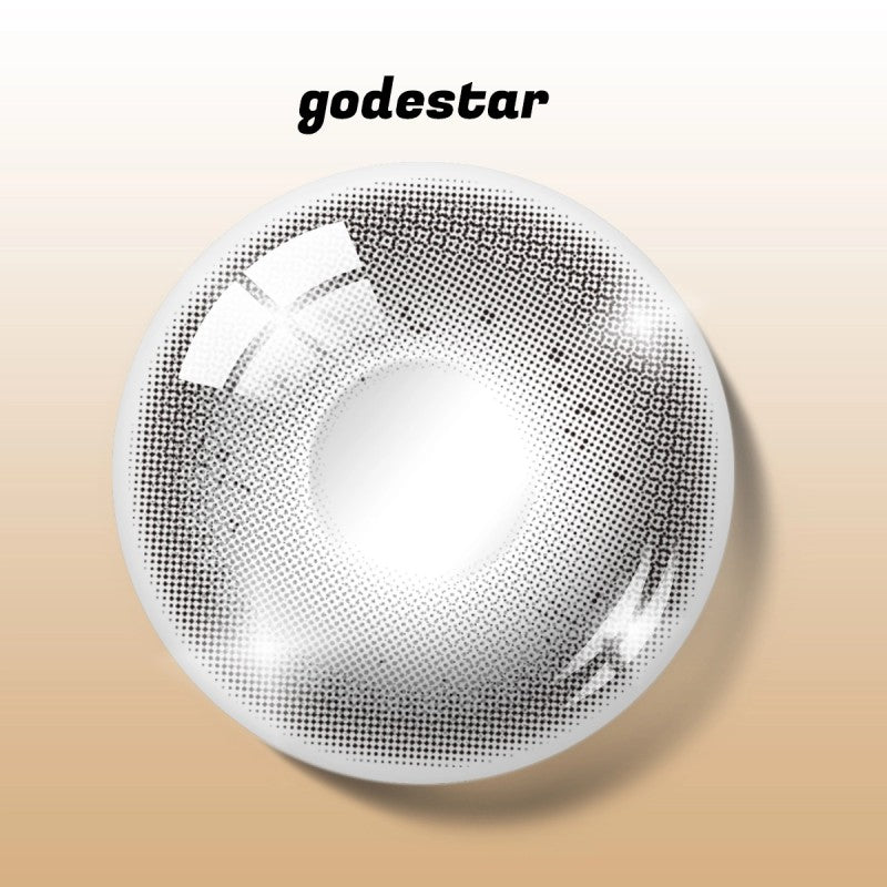 Detailed digital rendering of MIIEMO Cloudy Grey Hojicha contact lens with godestar logo showing delicate grey brown pattern
