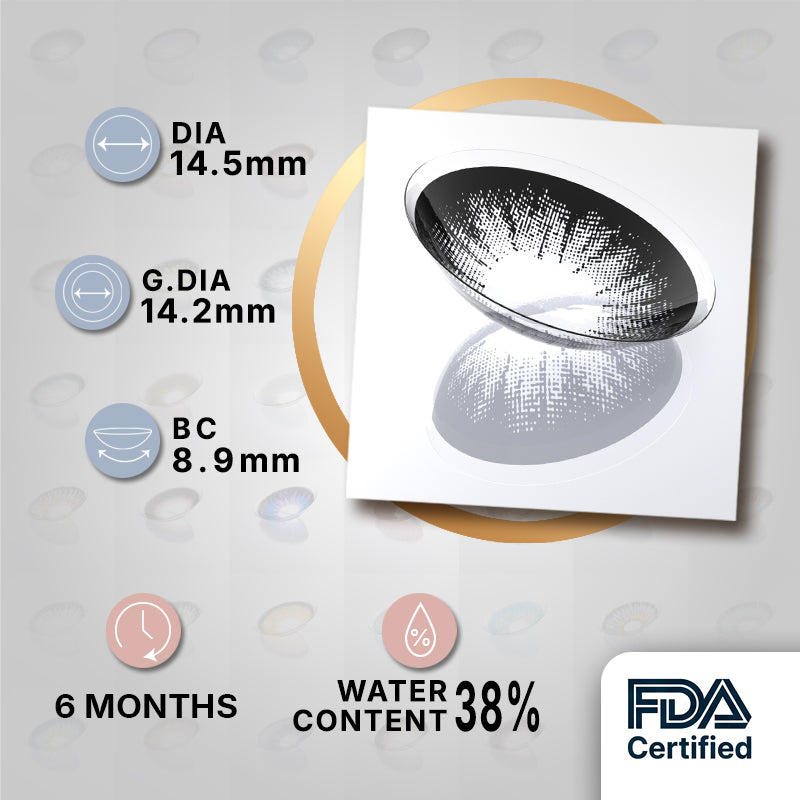 MIIEMO Graphite Grey product specifications infographic showing DIA 14.5mm, GDIA 14.2mm, BC 8.9mm, 6 months wear, 38 percent water content, FDA certified