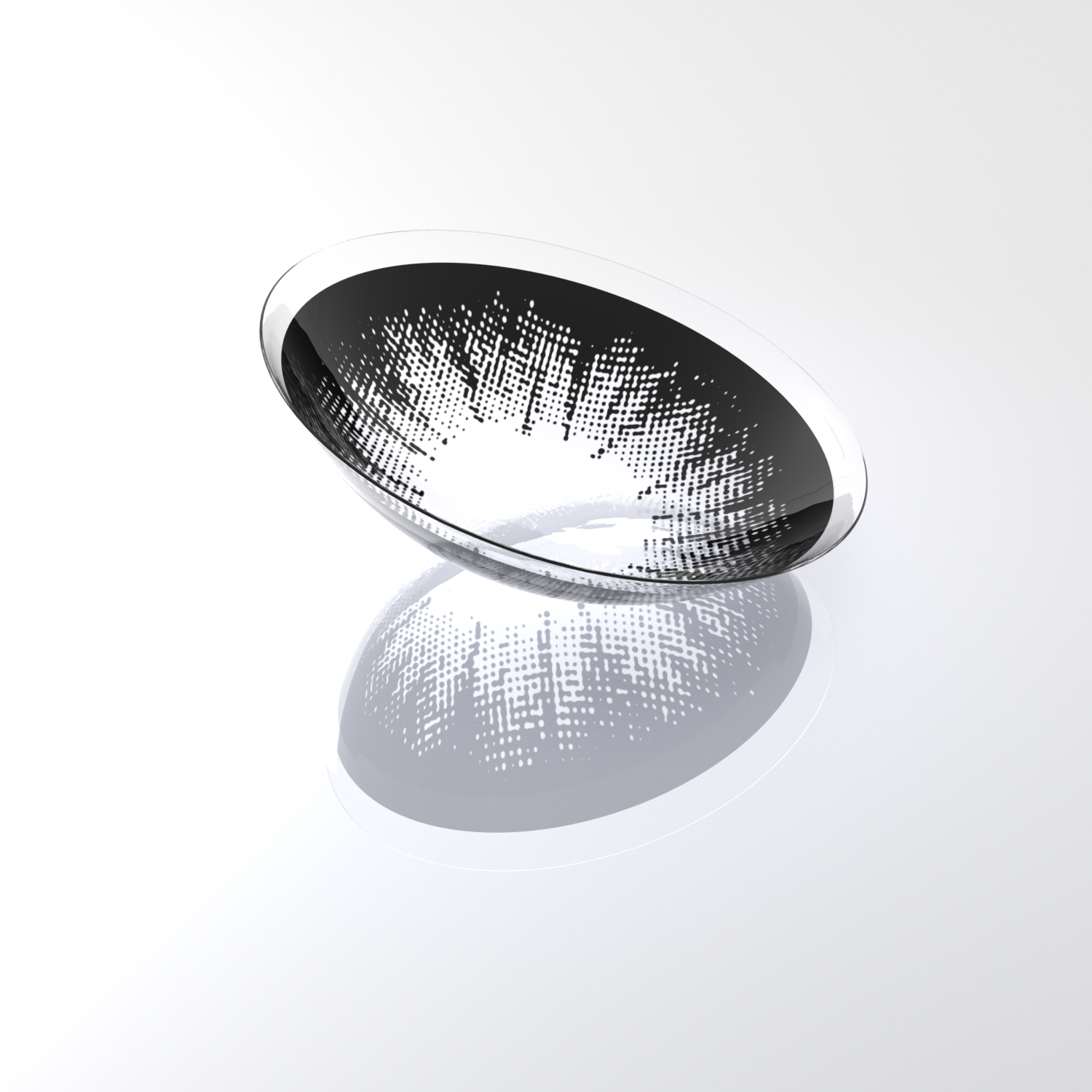 MIIEMO Graphite Grey contact lens close-up on white background showing high-contrast radial pattern and dark limbal ring