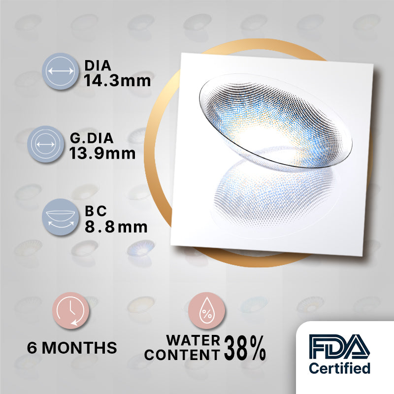 MIIEMO Sky Blue product specifications infographic showing DIA 14.3mm, GDIA 13.9mm, BC 8.8mm, 6 months wear, 38 percent water content, FDA certified