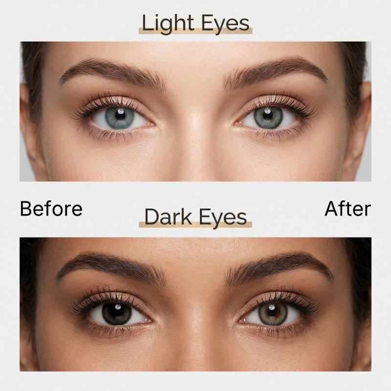 Before and after comparison of MIIEMO Smoky Ash colored contacts on light eyes and dark eyes