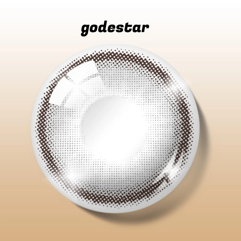 Detailed digital rendering of MIIEMO Smoky Ash contact lens with godestar logo showing delicate ash gray pattern