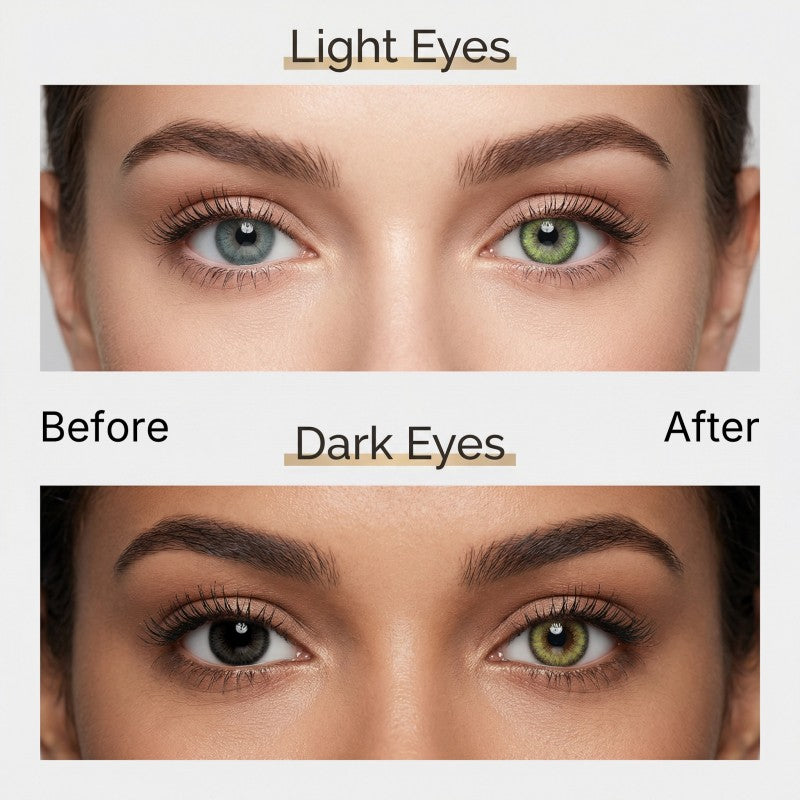 Before and after comparison of MIIEMO Matcha Bloom green colored contacts on light eyes and dark eyes