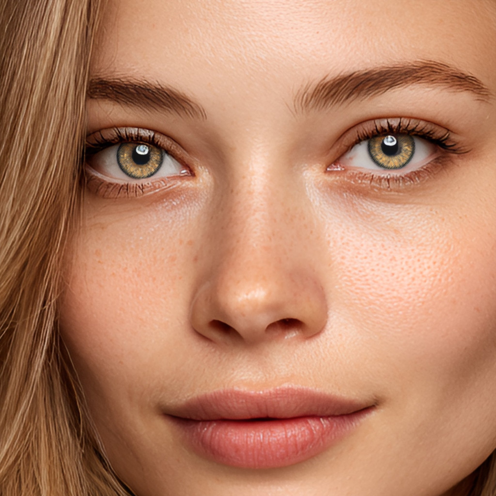 Gorgeous female model wearing MIIEMO Butterscotch Ray natural brown contact lenses in natural lighting