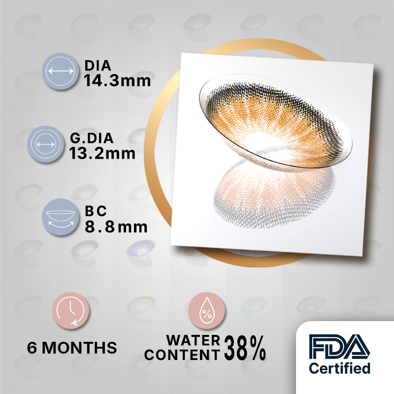 MIIEMO Butterscotch Ray product specifications infographic showing DIA 14.3mm, GDIA 13.2mm, BC 8.8mm, 6 months wear, 38 percent water content, FDA certified