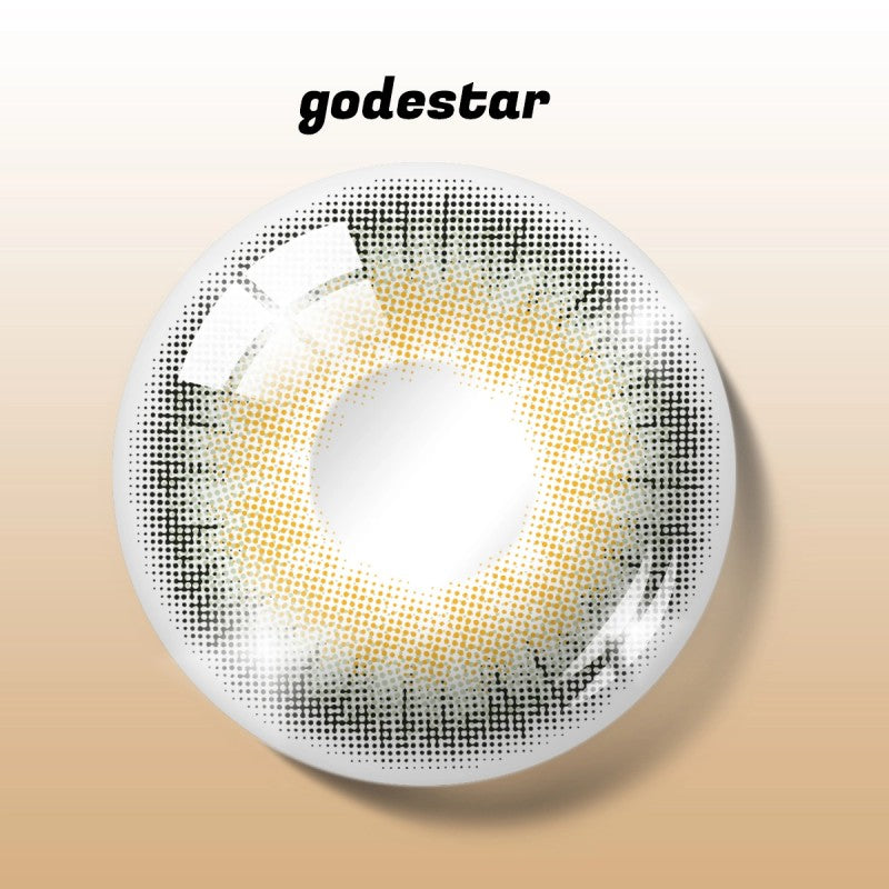 Detailed digital rendering of MIIEMO Smoky Quartz Halo contact lens with godestar logo showing gray and gold pattern